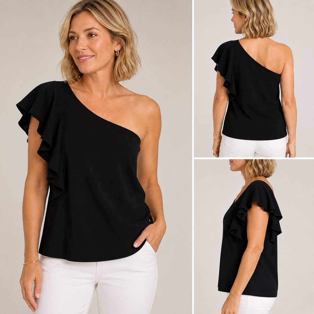 Banana Republic One Shoulder Ruffle Top Black Stretch Blouse Women's Large